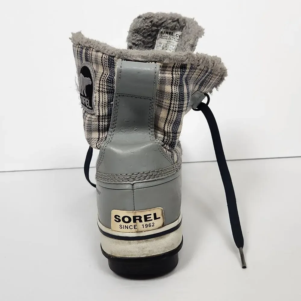 Sorel Gray Plaid Snow Boots Womens Size 10 Waterproof Insulated Faux Fur